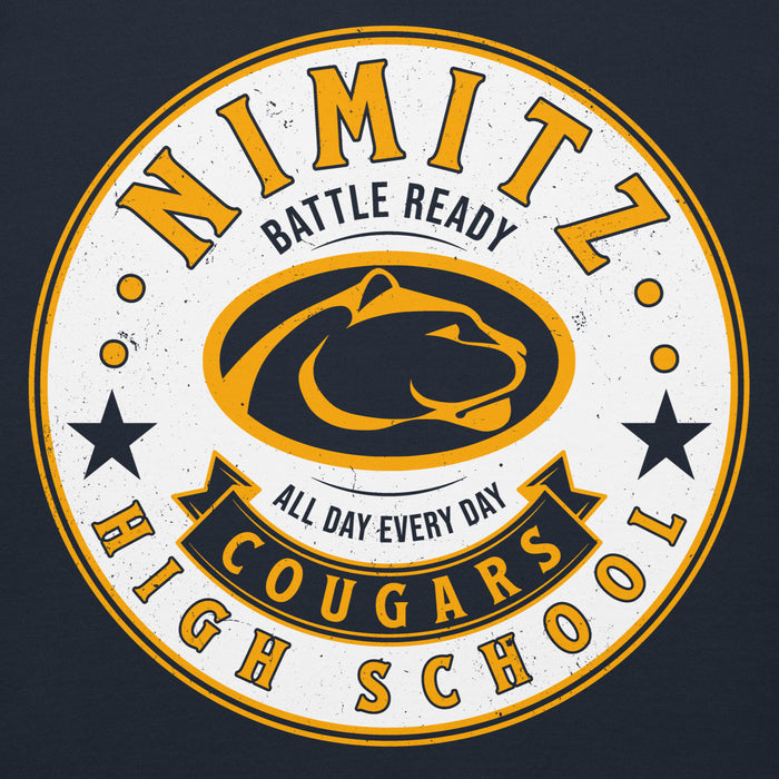 Close-up view of Nimitz High School Cougars Navy Blue Premium Unisex Hoodie 215