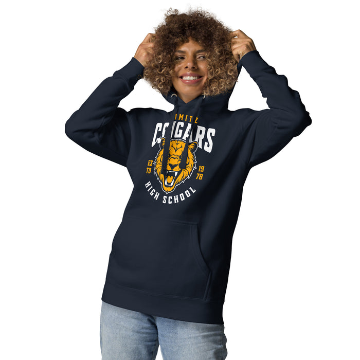 Woman wearing Nimitz High School Cougars Navy Blue Premium Unisex Hoodie 213