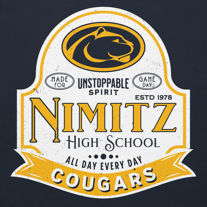 Close-up view of Nimitz High School Cougars Navy Blue Premium Unisex Hoodie 219