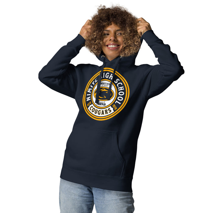 Woman wearing Nimitz High School Cougars Navy Blue Premium Unisex Hoodie 220