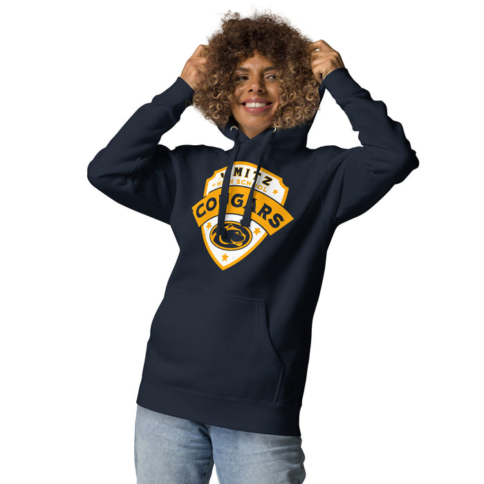 Woman wearing Nimitz High School Cougars Navy Blue Premium Unisex Hoodie 221