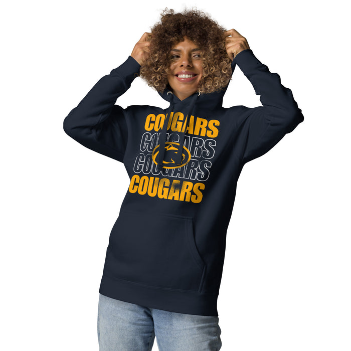Woman wearing Nimitz High School Cougars Navy Blue Premium Unisex Hoodie 233