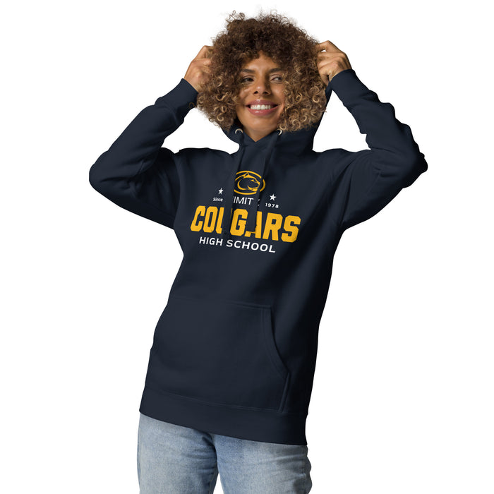 Woman wearing Nimitz High School Cougars Navy Blue Premium Unisex Hoodie 222