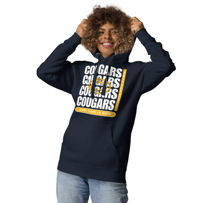 Woman wearing Nimitz High School Cougars Navy Blue Premium Unisex Hoodie 235