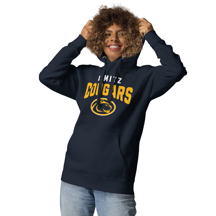 Woman wearing Nimitz High School Cougars Navy Blue Premium Unisex Hoodie 234