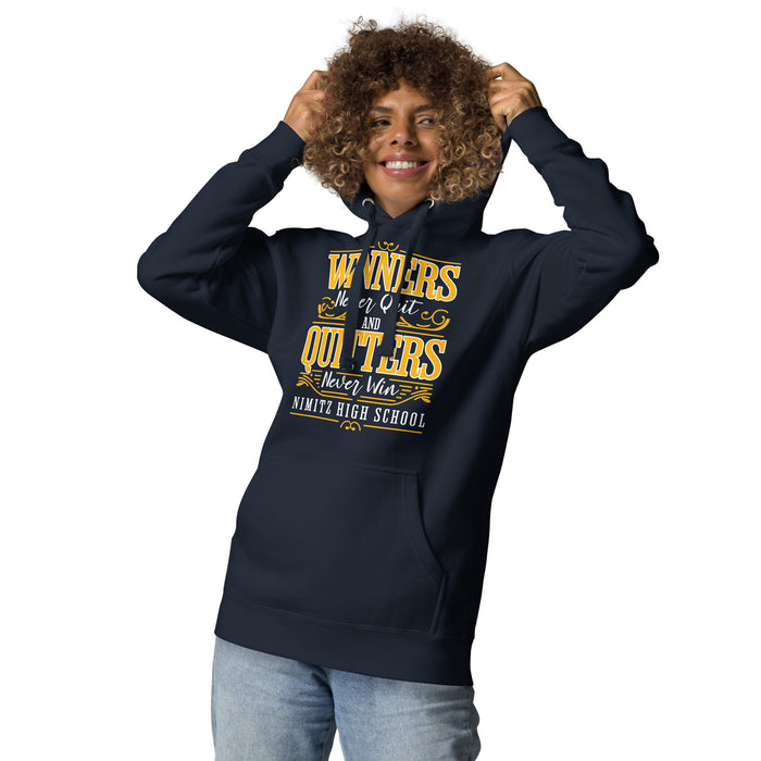 Woman wearing Nimitz High School Cougars Navy Blue Premium Unisex Hoodie 237