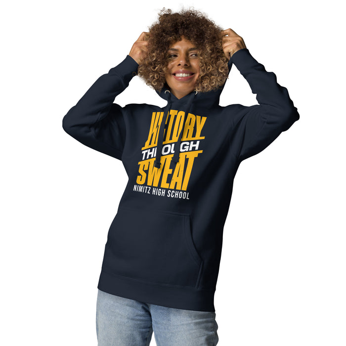 Woman wearing Nimitz High School Cougars Navy Blue Premium Unisex Hoodie 241