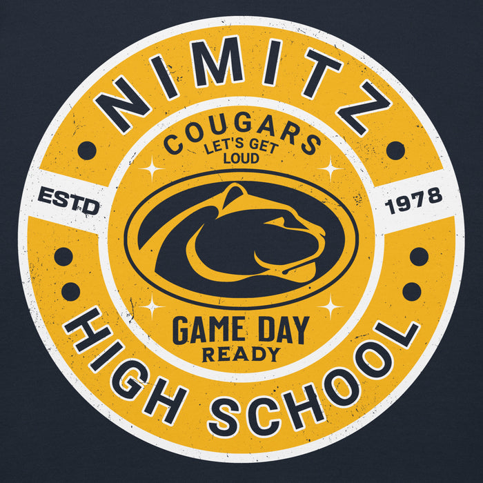 Close-up view of Nimitz High School Cougars Navy Blue Premium Unisex Hoodie 239