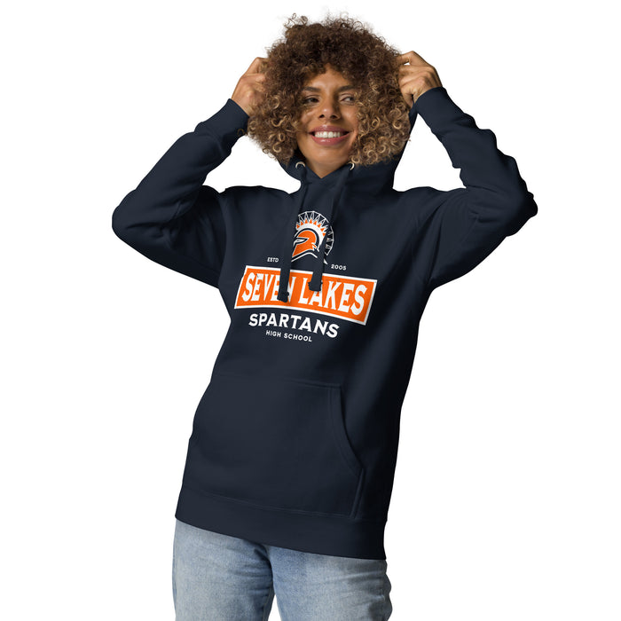 Woman wearing Seven Lakes High School Spartans Navy Blue Premium Unisex Hoodie 202