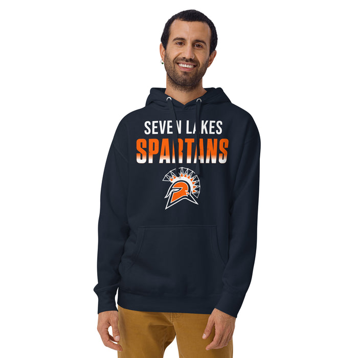 Man wearing Seven Lakes High School Spartans Navy Blue Premium Unisex Hoodie 024
