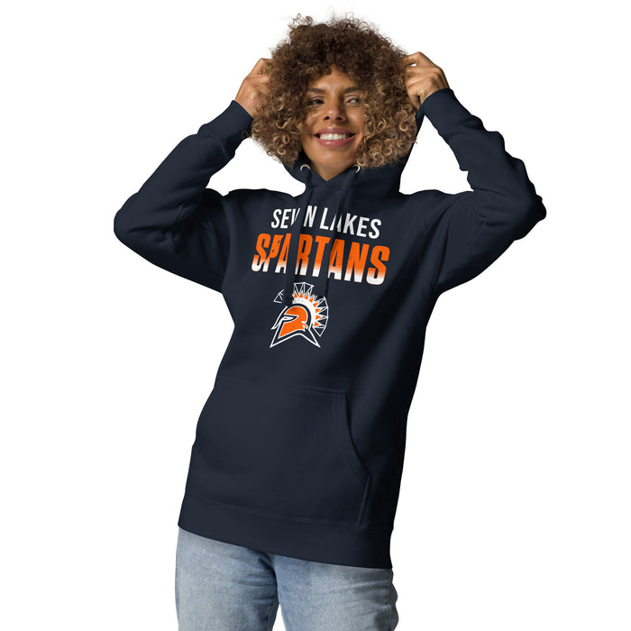 Woman wearing Seven Lakes High School Spartans Navy Blue Premium Unisex Hoodie 024