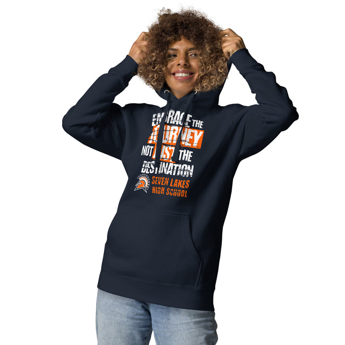 Woman wearing Seven Lakes High School Spartans Navy Blue Premium Unisex Hoodie 232