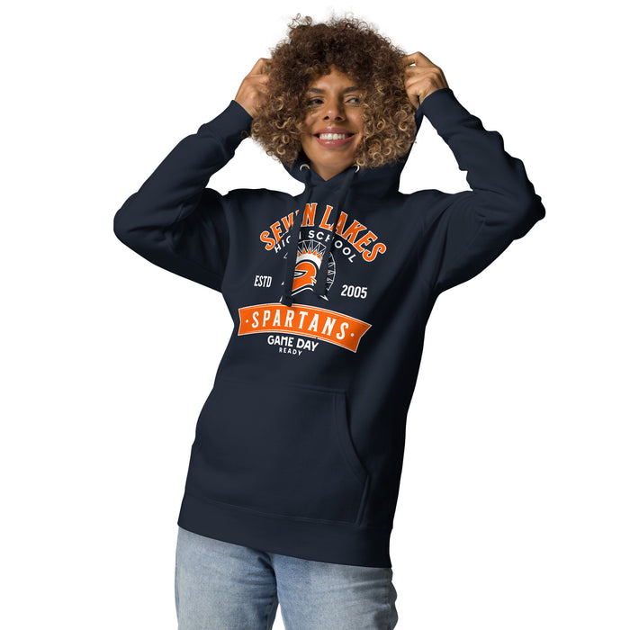 Woman wearing Seven Lakes High School Spartans Navy Blue Premium Unisex Hoodie 221