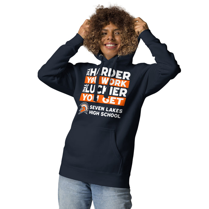 Woman wearing Seven Lakes High School Spartans Navy Blue Premium Unisex Hoodie 238