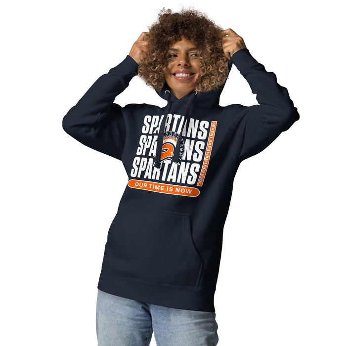 Woman wearing Seven Lakes High School Spartans Navy Blue Premium Unisex Hoodie 235