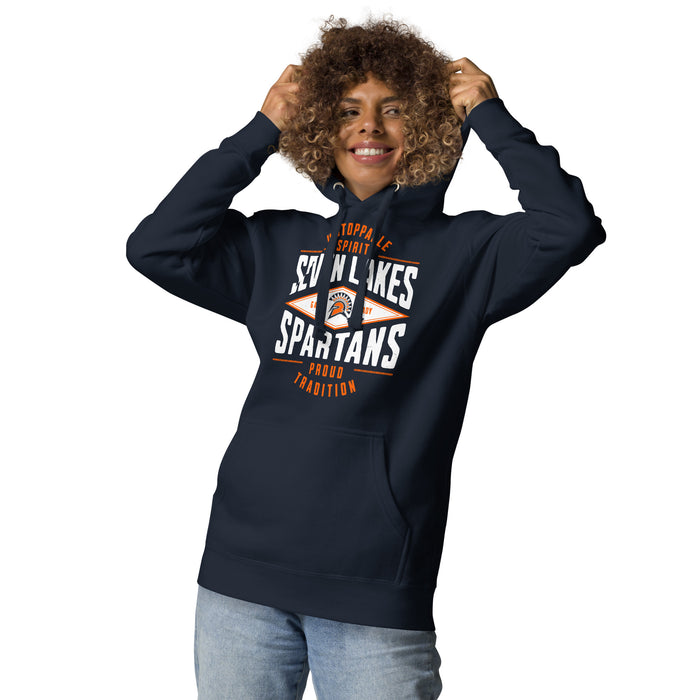 Woman wearing Seven Lakes High School Spartans Navy Blue Premium Unisex Hoodie 210