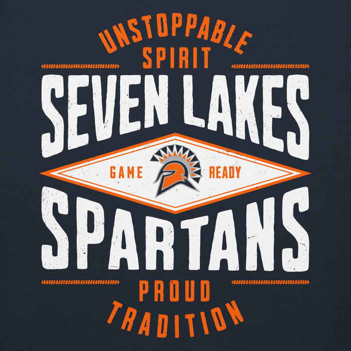 Close-up view of Seven Lakes High School Spartans Navy Blue Premium Unisex Hoodie 210