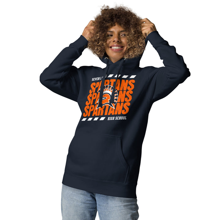 Woman wearing Seven Lakes High School Spartans Navy Blue Premium Unisex Hoodie 223