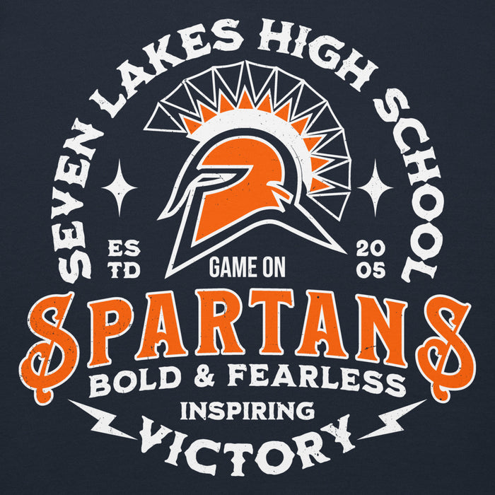Close-up view of Seven Lakes High School Spartans Navy Blue Premium Unisex Hoodie 206
