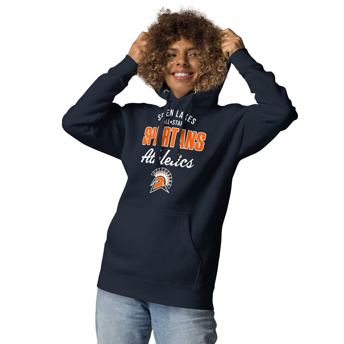 Woman wearing Seven Lakes High School Spartans Navy Blue Premium Unisex Hoodie 034