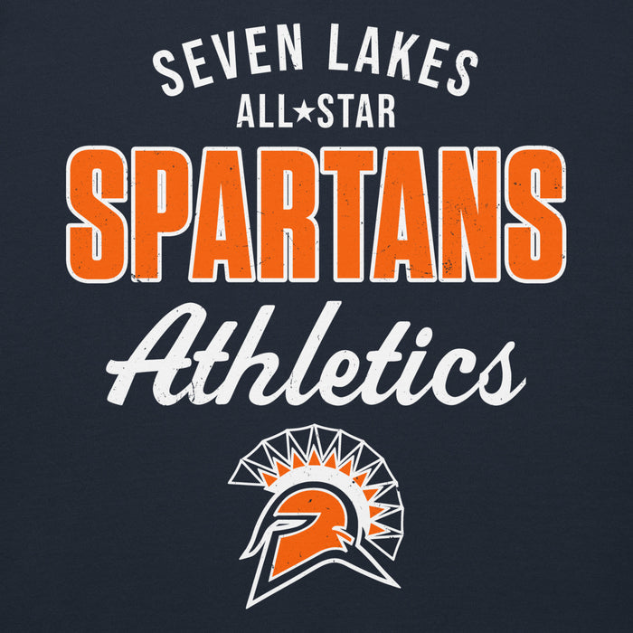 A dark navy graphic print featuring the text 'SEVEN LAKES ALL STAR SPARTANS Athletics' in white and orange, with a Spartan helmet logo at the bottom. Seven Lakes High School Spartans Navy Blue Premium Unisex Hoodie 034