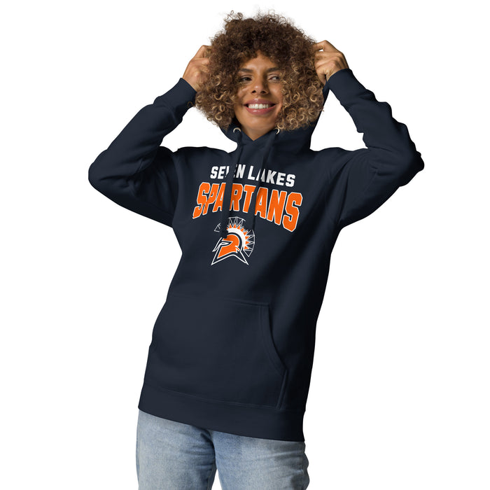Woman wearing Seven Lakes High School Spartans Navy Blue Premium Unisex Hoodie 234