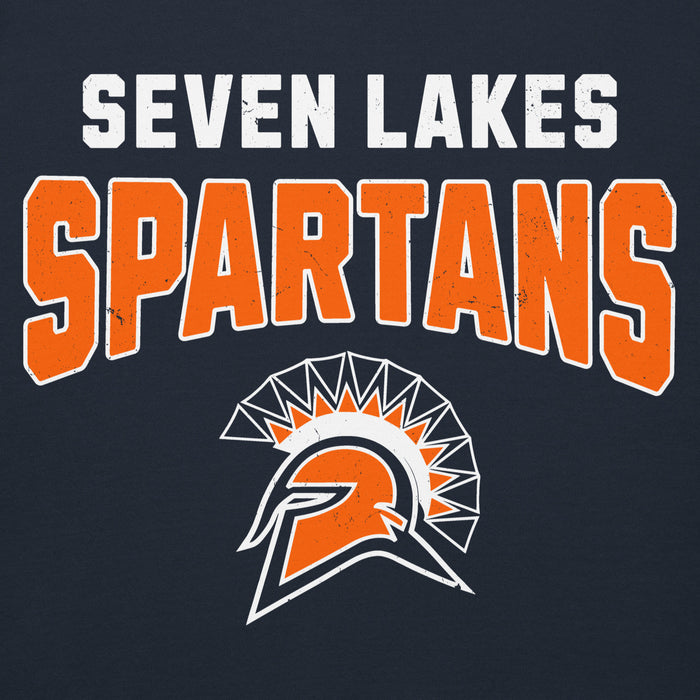 A dark navy graphic design featuring the words 'SEVEN LAKES SPARTANS' in distressed white and orange lettering, with a Spartan helmet logo below. Seven Lakes High School Spartans Navy Blue Premium Unisex Hoodie 234