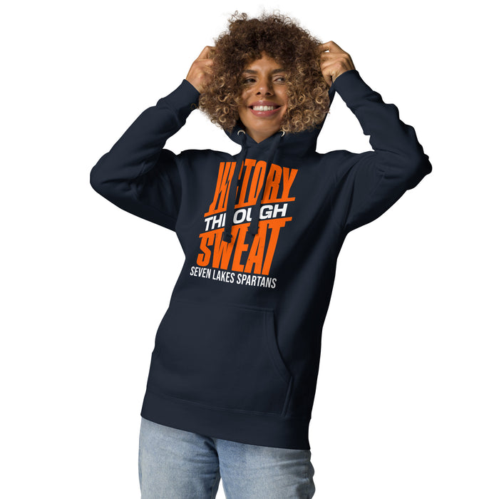 Woman wearing Seven Lakes High School Spartans Navy Blue Premium Unisex Hoodie 241