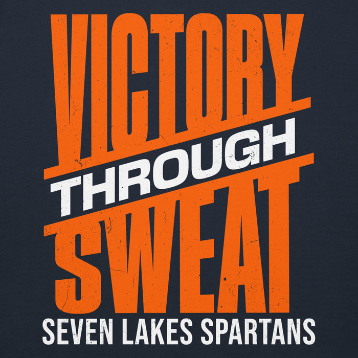 A dark navy graphic print featuring the motivational phrase 'VICTORY THROUGH SWEAT' in distressed orange and white lettering, with 'SEVEN LAKES SPARTANS' written below in white. Seven Lakes High School Spartans Navy Blue Premium Unisex Hoodie 241