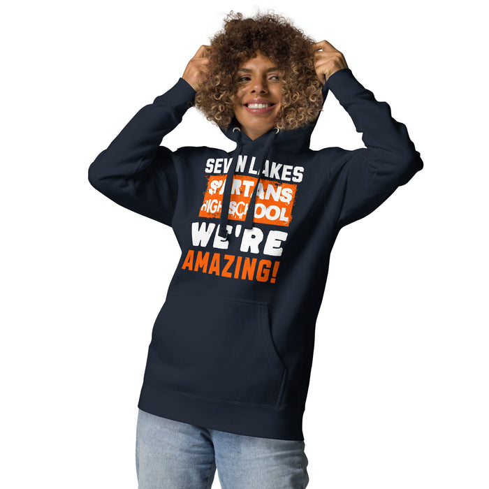 Woman wearing Seven Lakes High School Spartans Navy Blue Premium Unisex Hoodie 231