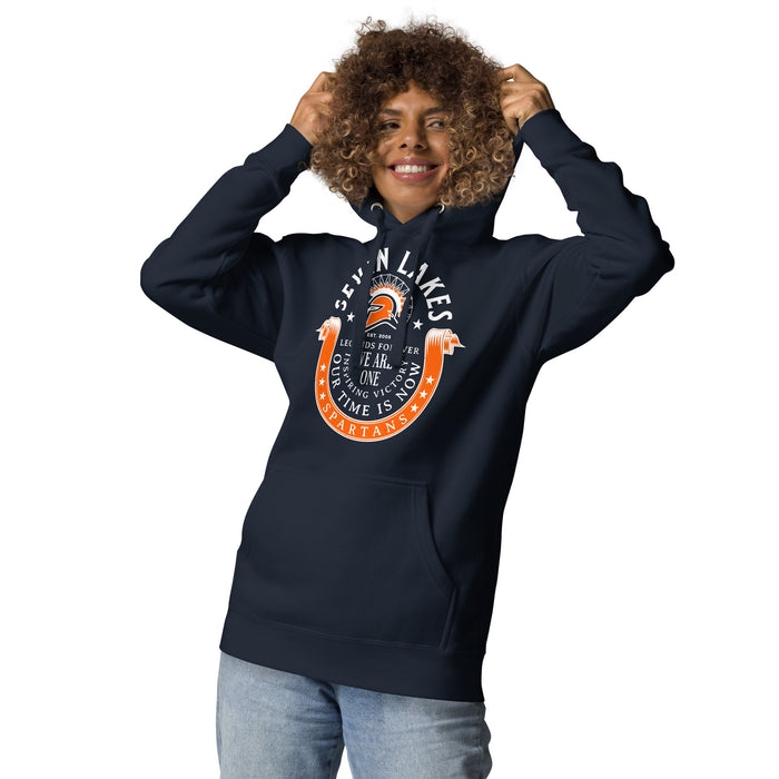 Woman wearing Seven Lakes High School Spartans Navy Blue Premium Unisex Hoodie 229