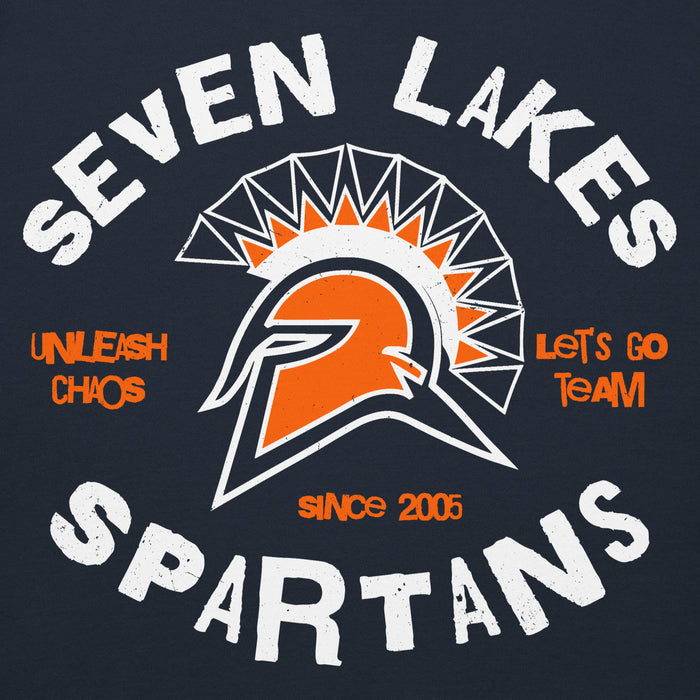 A graphic print on a dark navy shirt featuring a Spartan helmet with an orange and white design, surrounded by the text 'SEVEN LAKES SPARTANS' in distressed white lettering, with orange text reading 'UNLEASH CHAOS' and 'LET'S GO TEAM' and 'SINCE 2005'. Seven Lakes High School Spartans Navy Blue Premium Unisex Hoodie 228