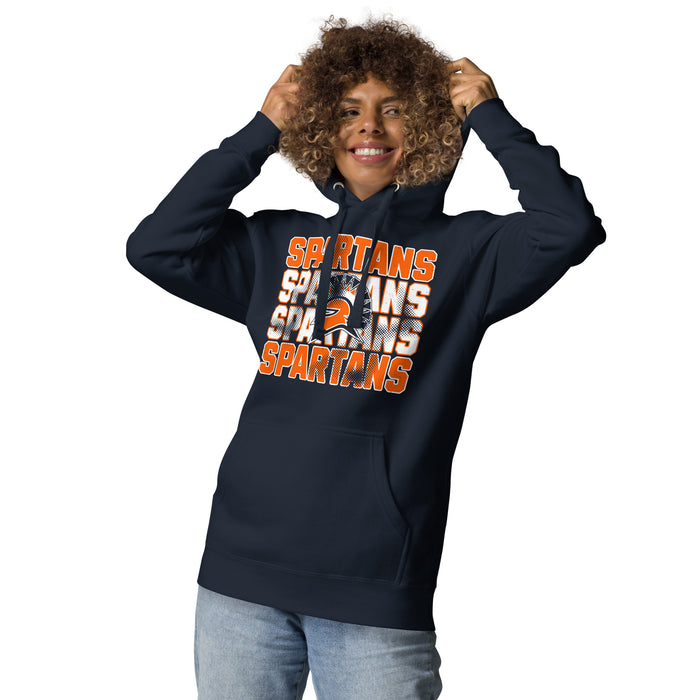 Woman wearing Seven Lakes High School Spartans Navy Blue Premium Unisex Hoodie 233