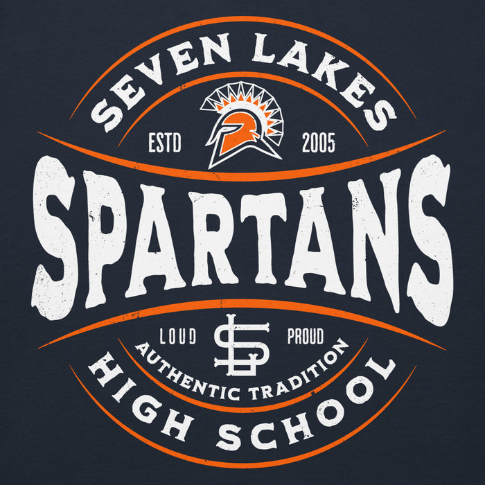 Close-up view of Seven Lakes High School Spartans Navy Blue Premium Unisex Hoodie 218