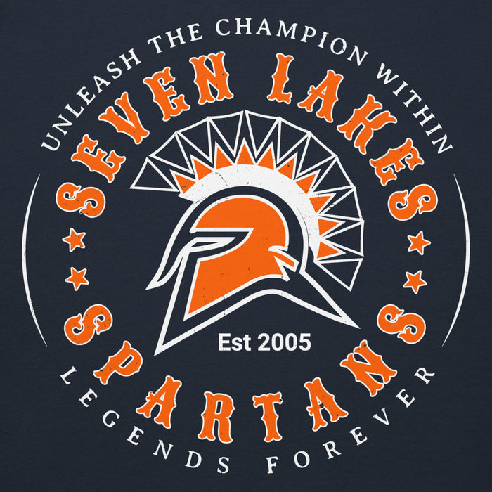 Close-up view of Seven Lakes High School Spartans Navy Blue Premium Unisex Hoodie 214