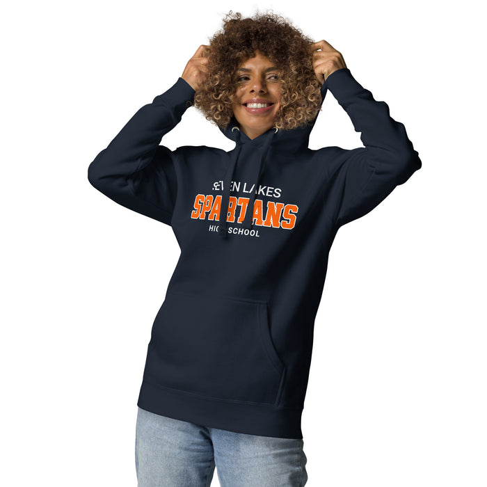 Woman wearing Seven Lakes High School Spartans Navy Blue Premium Unisex Hoodie 002