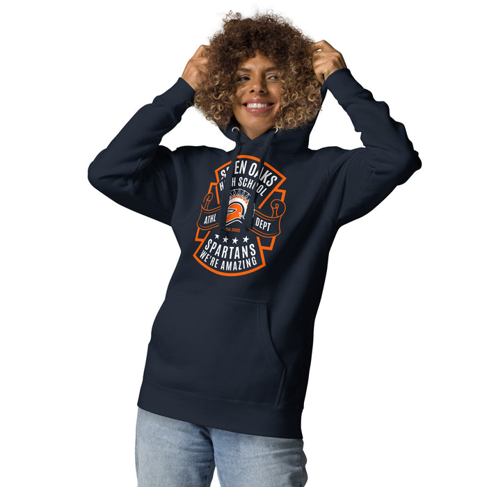 Woman wearing Seven Lakes High School Spartans Navy Blue Premium Unisex Hoodie 207