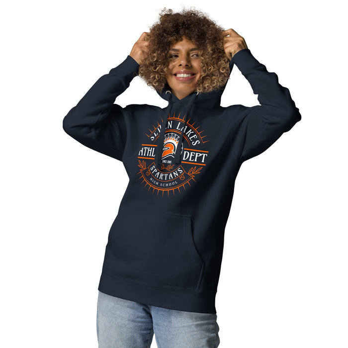 Woman wearing Seven Lakes High School Spartans Navy Blue Premium Unisex Hoodie 201