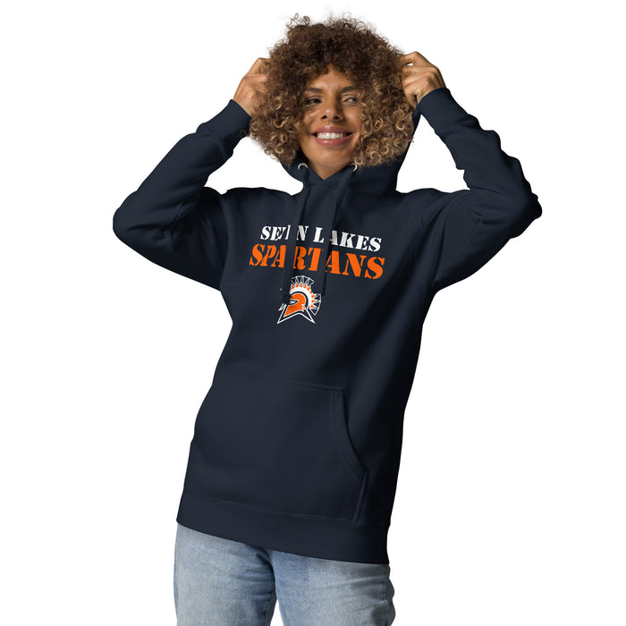 Woman wearing Seven Lakes High School Spartans Navy Blue Premium Unisex Hoodie 017