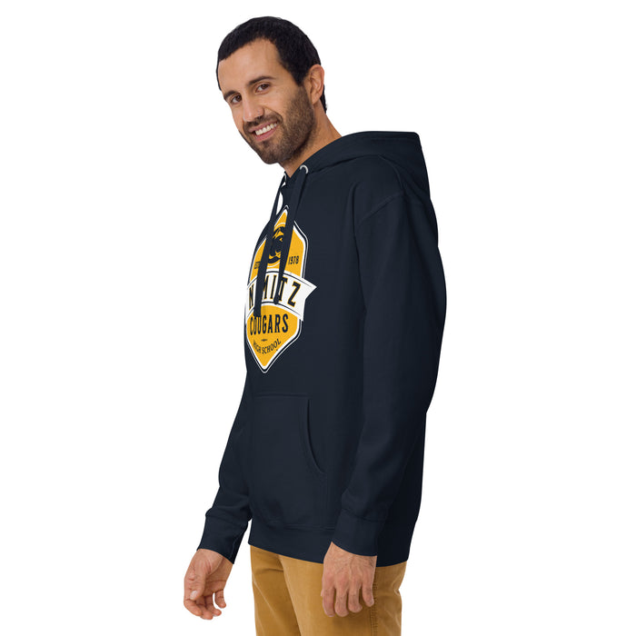 Man wearing Nimitz High School Cougars Navy Blue Premium Unisex Hoodie 209
