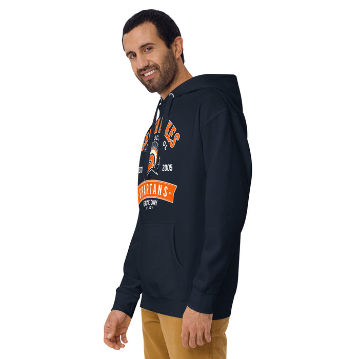 Man wearing Seven Lakes High School Spartans Navy Blue Premium Unisex Hoodie 221