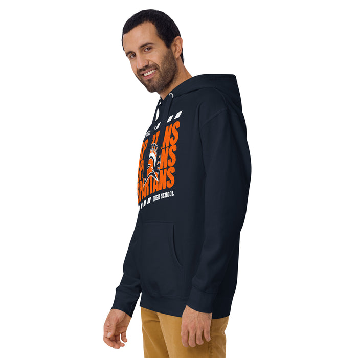 Man wearing Seven Lakes High School Spartans Navy Blue Premium Unisex Hoodie 223