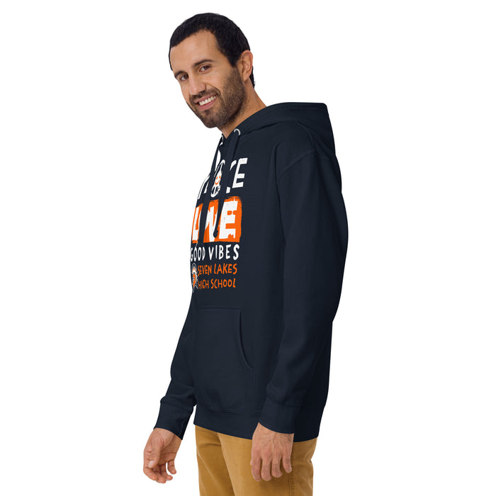 Man wearing Seven Lakes High School Spartans Navy Blue Premium Unisex Hoodie 240