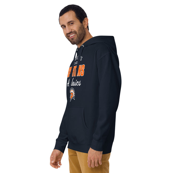 Man wearing Seven Lakes High School Spartans Navy Blue Premium Unisex Hoodie 034