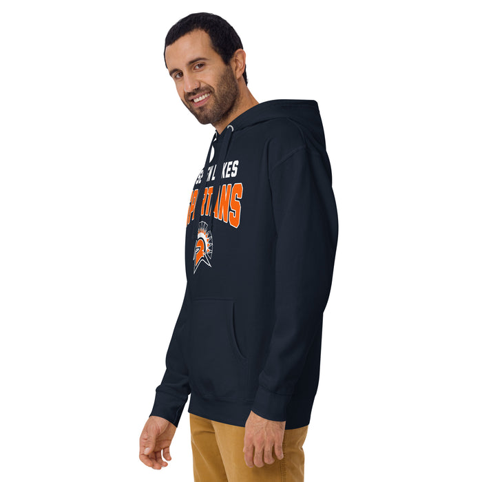 Man wearing Seven Lakes High School Spartans Navy Blue Premium Unisex Hoodie 234