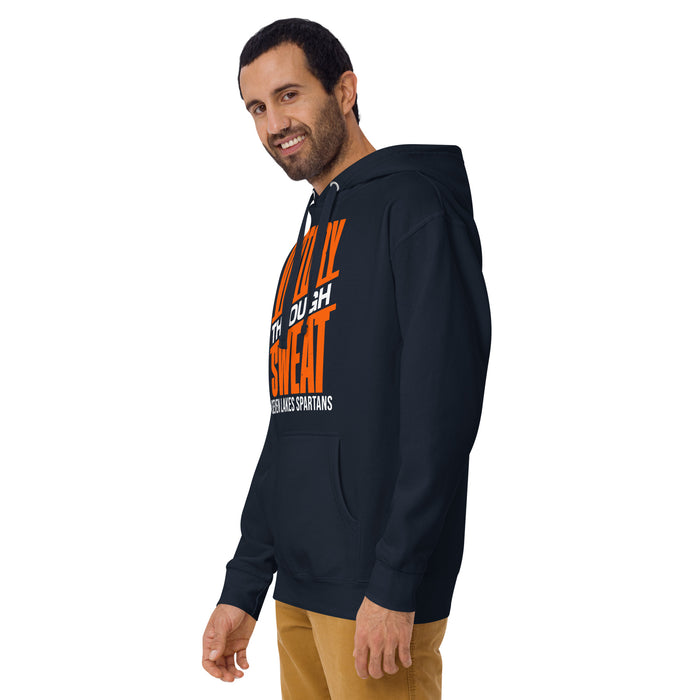 Man wearing Seven Lakes High School Spartans Navy Blue Premium Unisex Hoodie 241