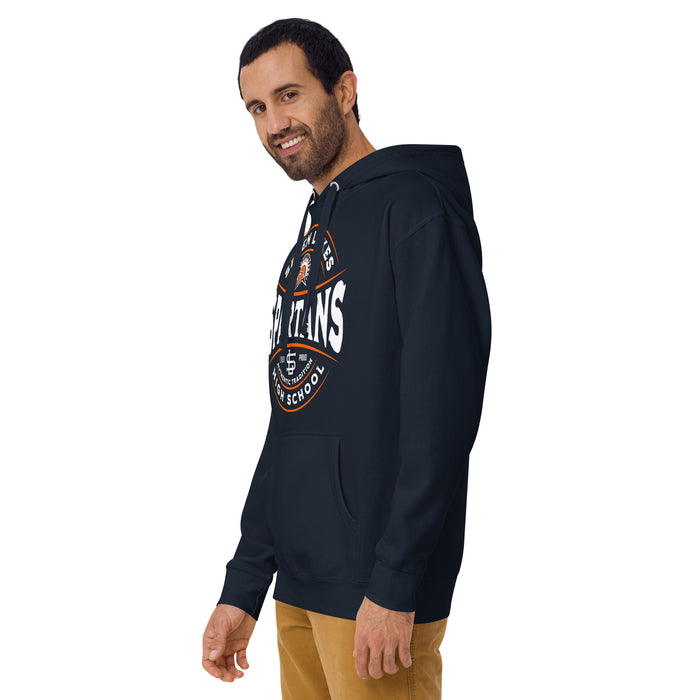 Man wearing Seven Lakes High School Spartans Navy Blue Premium Unisex Hoodie 218