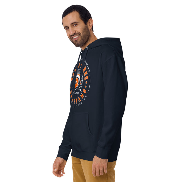 Man wearing Seven Lakes High School Spartans Navy Blue Premium Unisex Hoodie 214