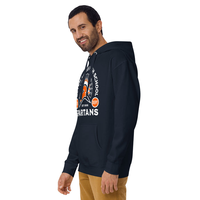 Man wearing Seven Lakes High School Spartans Navy Blue Premium Unisex Hoodie 208