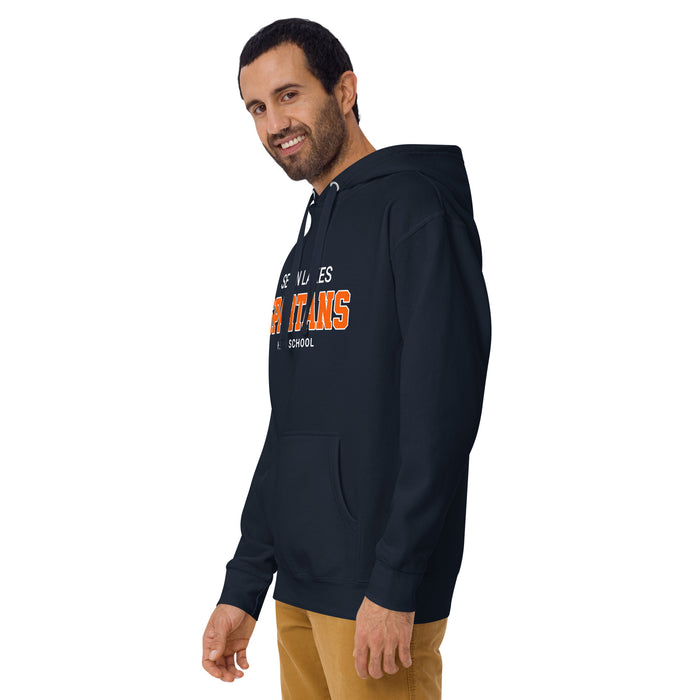 Man wearing Seven Lakes High School Spartans Navy Blue Premium Unisex Hoodie 002